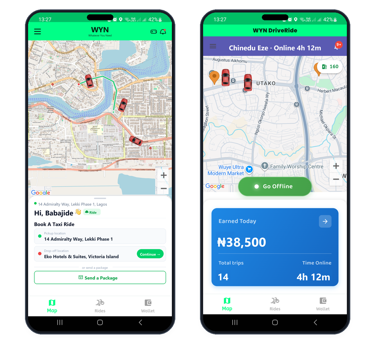 WYN: Eco-Mobility user app in Lagos and WYN DriveRide driver app in Abuja